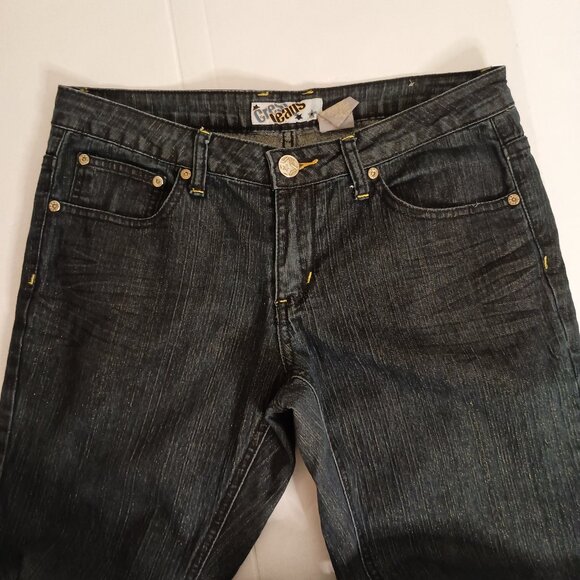 Y2K Crest Low Rise Jeans Gold Sparkle Threaded Denim & Detail Juniors Size 9/10 - Picture 3 of 13